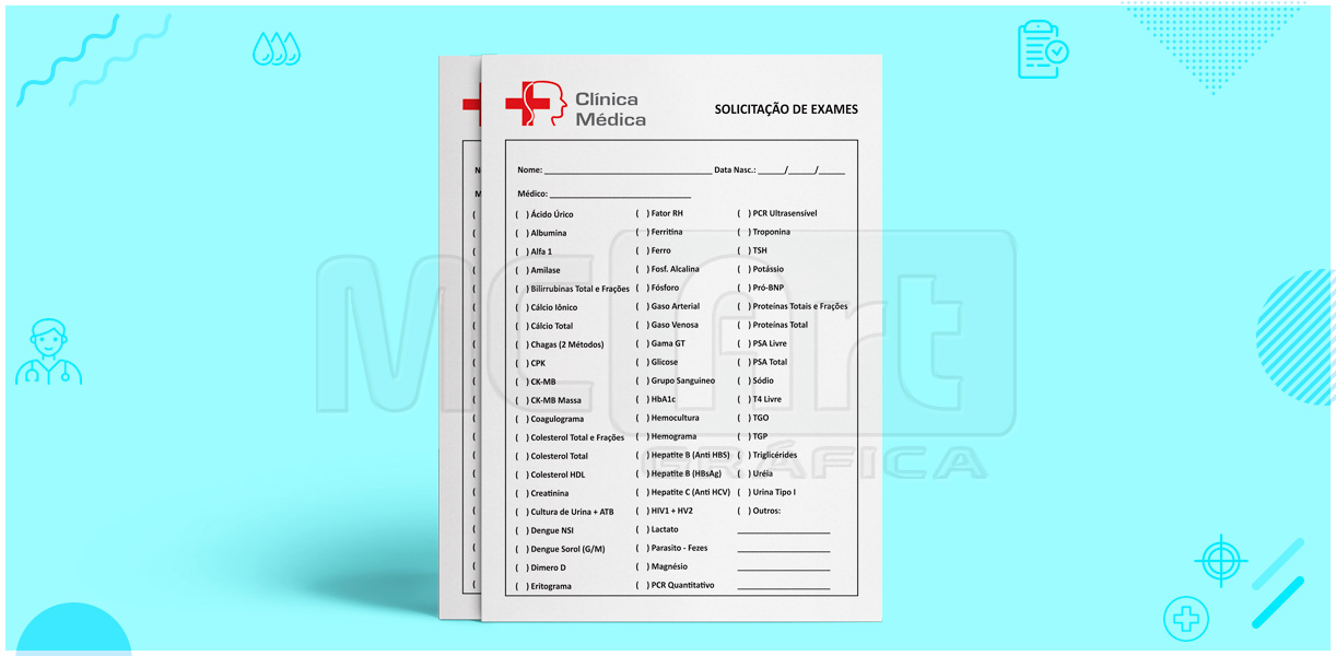 impressão de pedido de exames, pedido de exame laboratorial, pedido de exame de colesterol, pedido de exame nutricionista, papelaria médica
