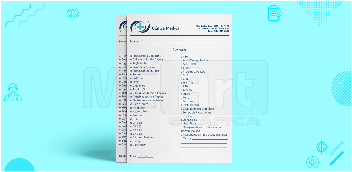 impressão de pedido de exames, pedido de exame laboratorial, pedido de exame de colesterol, pedido de exame nutricionista, papelaria médica