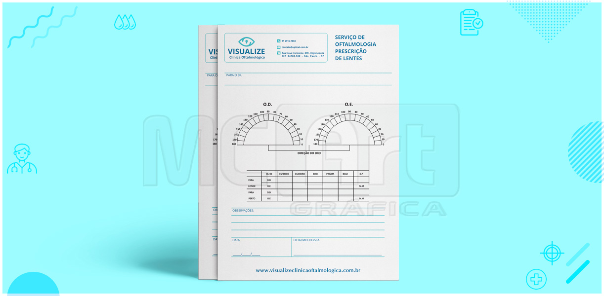 prescrição de lentes direção do eixo, receita de óculos esférico cilíndrico eixo, receita oftálmica, papelaria médica, gráfica sp