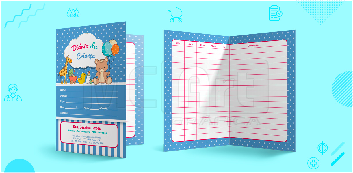 caderneta diário da criança, carteira para crianças personalizada, papelaria médica, impressão de caderneta infantil, gráfica sp