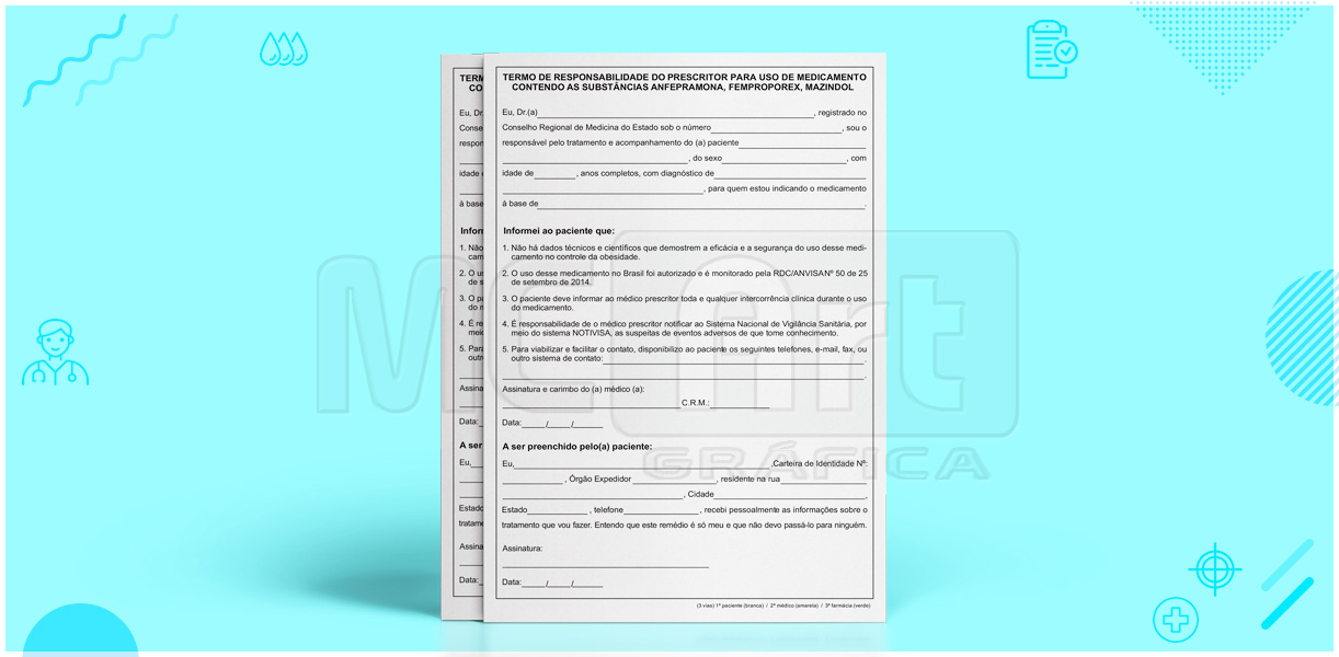 TERMO DE RESPONSABILIDADE CONTENDO ANFEPRAMONA, FEMPROPOREX, MAZINDOL   termo de responsabilidade contendo as substancias anfepramona, femproporex, mazindol, receita b2, papelaria médica, grafica sp
